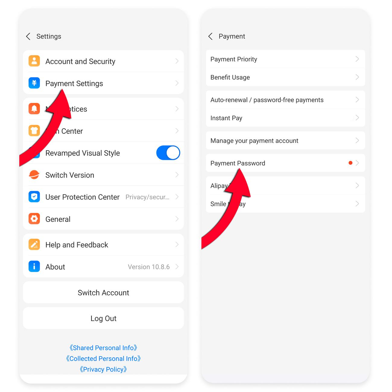 Раздел Payment Password в настройках