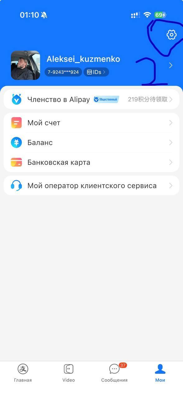 Alipay: значок шестерёнки в профиле